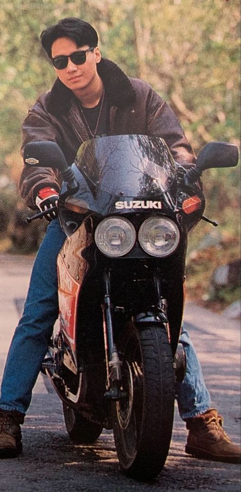 80s Adventure Aesthetic, Person On Motorcycle Reference, Hongkong 90s Photography, Hongkong 90s, 90s Motorcycle, Motorcycle Restoration, Style Cyberpunk, Iconic Aesthetic, Andy Lau