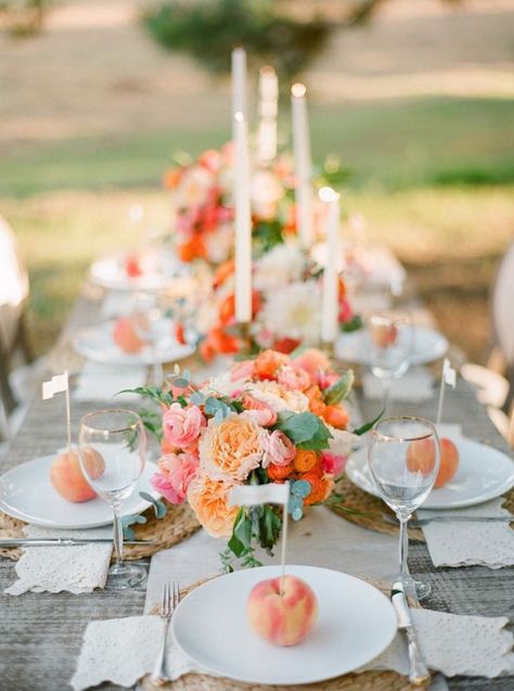 This Simple Decor Trick Will Take Your Summer Party to New Levels via Brit + Co. Navy And Coral Wedding, Peach Wedding Decorations, Coral Wedding Flowers, Navy And Coral, Wedding Decorations Ideas, Tablescape Inspiration, Living Coral, Coral Wedding, Wedding Theme Colors