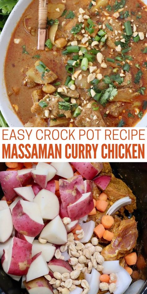 image of prepared massaman curry chicken in bowl with serving spoon, next to image of seasoned chicken in a crock pot with potatoes, onions, carrots and peanuts Massaman Curry Chicken, Chicken Massaman Curry, Crock Pot Curry, Slow Cooker Curry Recipes, Beef Massaman, Beef Massaman Curry, Slow Cooker Curry, Delicious Slow Cooker Recipes, Massaman Curry