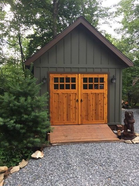 One of the products we offer are Custom Built REAL Swinging Carriage Doors Designed to fit your existing Finish Framed Opening using Exterior Strap Hinges or let us provide a Traditional Frame with Butt Hinges and Qlon Weather Strip. We are a proud Distributor of Acorn Manufacturing Hinge and Iron Products. Made right here in... Wood Garden Shed, Colorful Shed Ideas, Workshop Exterior Design, Wood Shed Doors, Shed Exterior Colors, Shed Doors Designs, Shed Door Design Ideas, Woodshed Plans, Shed With Garage Door