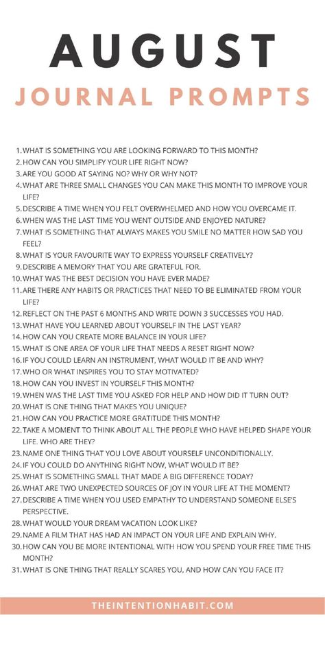 These daily August journal prompts give you a new creative writing prompt for each day of August to help you stay consistent with your daily journaling habit. August writing prompts for daily journaling. August Writing Prompts, Artifical Intelligent, August Writing, August Journal Prompts, January Journal Prompts, Monthly Prompts, August Journal, Gratitude Reflection, 31 Daily