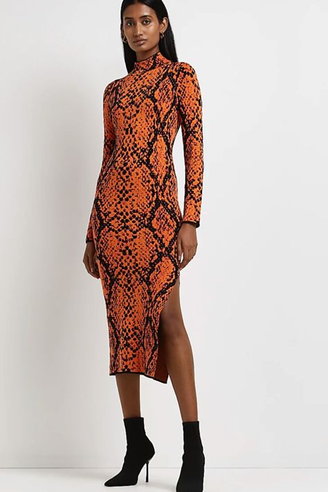 Orange Snake, Mock Neck Dress, Printed Bodycon Dress, Midi Dress Party, Mini Dress Casual, Weekend Outfit, Orange Dress, Stylish Fashion, How To Look Classy