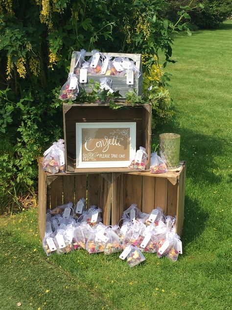 Confetti station; real rose petals, dried Confetti Station Wedding, Confetti Station, Real Rose Petals, Real Rose, Dried Rose Petals, Wedding Styling, Wedding Flower, Outdoor Ceremony, Flower Petals