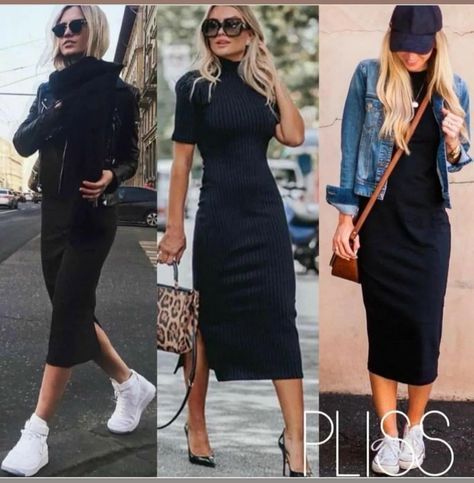 Dresses With Tennis Shoes, Black Dress Outfit Casual, Pencil Skirt Outfits, Winter Fashion Outfits Casual, Black Outfits, Fashion Mistakes, Tennis Clothes, Look Casual, Mode Inspiration