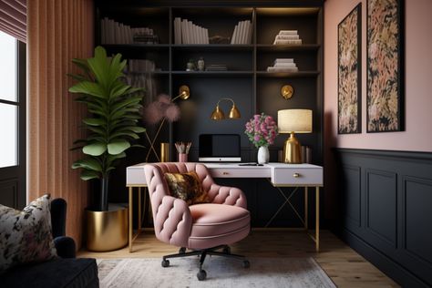 Feminine Study Office Decor, Muted Pink Office, Modern Girly Office, Moody Pink Home Office, Boho Glam Home Office, Boho Chic Office Space, Boho Glam Office Decor, Dark Feminine Home Office, Dusty Pink Home Office