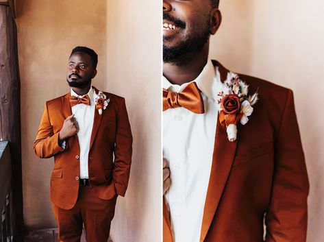 Brown Wedding Suit | Brown Wedding Tux | Burnt Orange Suit | Burnt Orange Tux | Santa Fe Wedding | La Fonda Wedding | Wedding | Wedding Style | Groom | Groom Style | Colorful Groom Suit | Colorful Wedding Tux | Unique Wedding Style | Elopement | Elopement Style | Wedding Inspo | Groom Inspo | Elopement Inspo | Real Wedding | Real Elopement | Real Groom Burnt Orange Suit Wedding, Burnt Orange Tuxedo Wedding, Burnt Orange Suits For Men, Orange Groomsmen Attire, Burnt Orange Groomsmen Attire, Wedding Suit Brown, Colorful Groom, Copper Suit, Brown Wedding Suit