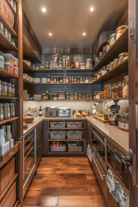 29 Modern Pantries with a Touch of Rustic Charm Cozy Pantry Ideas, House Design Wood Interior, Dream Home Pantry, Perfect Kitchen Organization, Barndominium Pantry Ideas, Rustic Pantry Shelving Ideas, Tuscan Pantry, Barndominium Pantry, Western Pantry