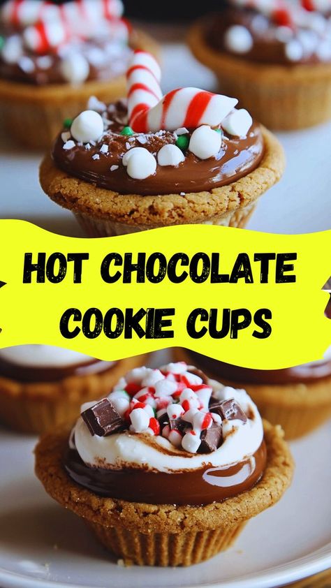 These adorable Hot Chocolate Cookie Cups are the ultimate winter treat! A buttery cookie base filled with creamy chocolate and topped with marshmallows makes them the perfect blend of fun and delicious. Ideal for holiday parties, family nights, or as a festive dessert gift, they’re easy to make and endlessly customizable with toppings like candy canes or sprinkles. Save this recipe to bring cozy vibes to your dessert table all season long! ❄️✨ Cookies Cups Recipe, Hot Chocolate Thumbprint Cookies, Hot Cocoa Cookie Cups, Hot Chocolate Cookie Cups, Chocolate Cookie Cups, Hot Chocolate Cookie, Hot Chocolate Cookies Cups, Buttery Cookie, Sugar Cookie Cups