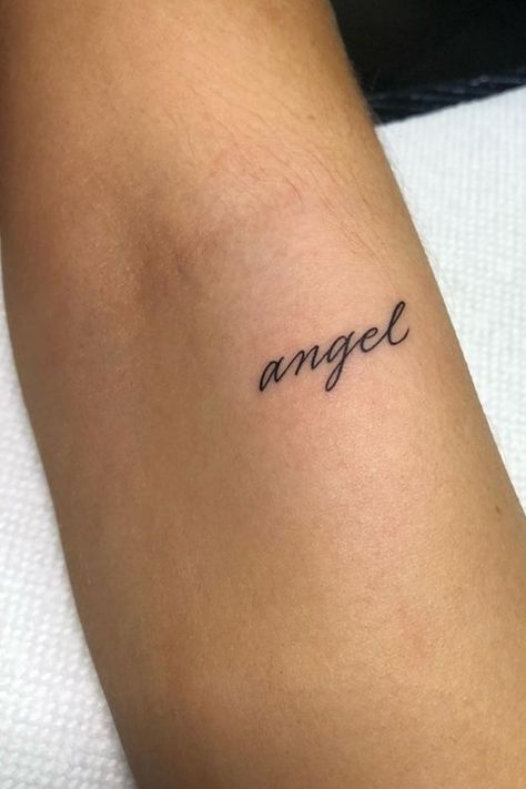 Tattoo Ideas Female Coquette, Name Tattoo Aesthetic, Angel Tattoo Aesthetic, Angel Writing Tattoo, Soft Girl Tattoos, Princess Tattoo Writing, Diva Tattoo, Angel Word Tattoo, Angel Name Tattoo