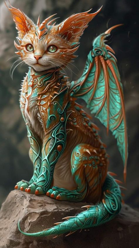 Fantasy Cat Drawing, Fantasy Pets Mythical Creatures, Cat Dragon Hybrid, Mythical Animals Fantasy Creatures Art, Fantasy Cat Art, Pretty Dragon, Cat Hybrid, Fantasy Cats, Cat Dragon