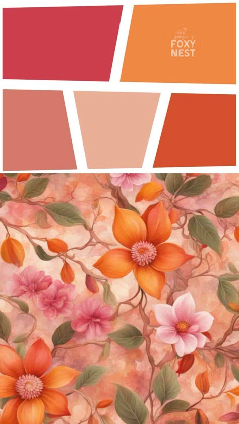 Discover the charm of the pink color palette! This palette offers endless possibilities for adding a touch of femininity, romance, and sophistication. Embrace the versatility of pink and transform your surroundings with its delightful spectrum. Dive into the pink color palette and let your creativity bloom! Colours That Go With Peach, Pink And Rust Color Palette, Coloring Palette Ideas, Color Palettes With Pink, Marigold Color Palette, Peachy Color Palette, Mexican Apartment, Marvelous Wonderettes, Pink And Orange Color Palette