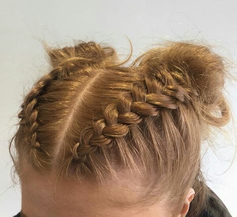 Festival hair Dutch braid Plaits Space buns Updo Braids And Space Buns Short Hair, Plaits Into Bun, Two Braids Into Buns, Dutch Plait Hairstyles, Dutch Braids With Space Buns, Braids With Space Buns, Dutch Plaits, Dutch Braid Space Buns, Space Buns Volleyball