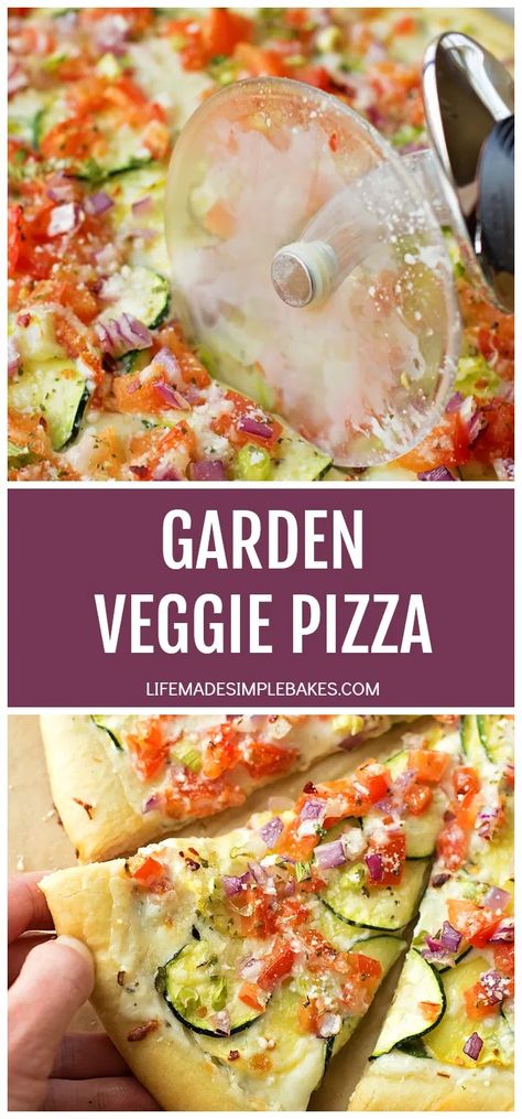 This garden veggie pizza has a thick and creamy garlic white sauce, garden fresh vegetables and lots of cheese! Meatless pizza has never tasted this good! #veggiepizza #pizza #healthypizza #vegetables #vegetarian #meatlessrecipes Meatless Pizza, Garlic White Sauce, Plain Pizza, Pizza Marinara, Meatless Dinners, Veggie Pizza Recipe, Pizza Ideas, Pizza Roll, Hawaiian Bbq