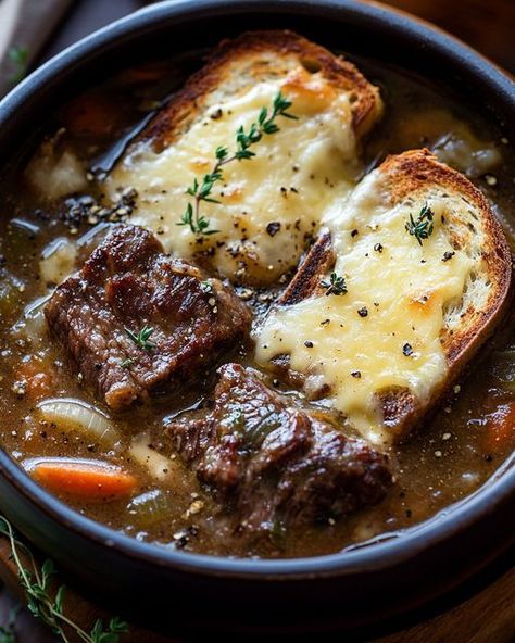 Savor rich French Onion Short Rib Soup topped with cheesy Gruyère toast for a comforting, hearty meal perfect for any cozy night. Savory Short Rib French Onion Soup With Gruyere Toast, Short Rib Soup, Rib Soup, Quick Soup Recipes, Quick Soup, French Onion Soup Recipe, Onion Soup Recipes, Short Rib, Braised Short Ribs