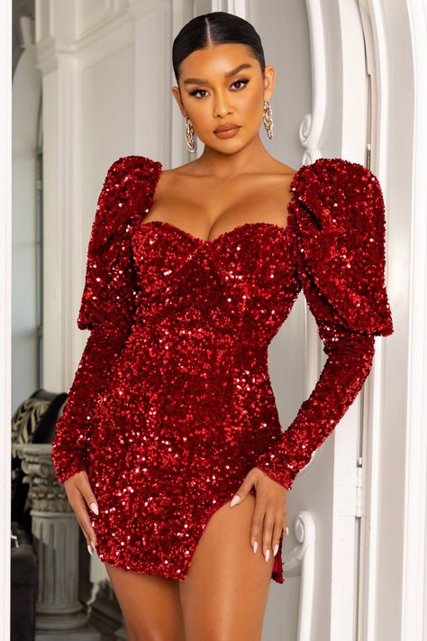 Red Party Dress Short, Red Sequin Mini Dress, Red Sequin Dress, Burgundy Midi Dress, Asian Wedding Dress, Emerald Dresses, Dress With Puff Sleeves, Rose Print Dress, Spotted Dress