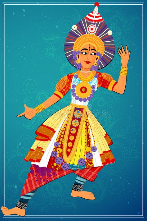 Man performing Yakshagana classical dance of Karnataka, India royalty free illustration Yakshagana Dance, Yakshagana Painting, India Illustration, Dance Forms, Dance Of India, Cultural Dance, Dancing Drawings, Dance Paintings, Classical Dance