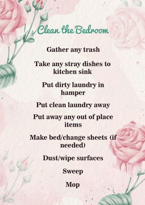 Neurodivergent Cleaning, Cleaning Bedroom Checklist, Organised House, Cleaning Strategies, Cleaning Binder, Basic Bedroom, Bedroom Cleaning Checklist, Cleaning Plan, Bedroom Cleaning