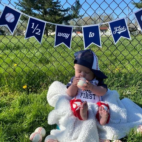 Half Way To First, 6 Month Baby Picture Ideas Boy, Half Birthday Baby, Half Birthday Party, Baby Boy Baseball, 6 Month Baby Picture Ideas, 2nd Birthday Photos, Baby Milestones Pictures, 2nd Birthday Boys