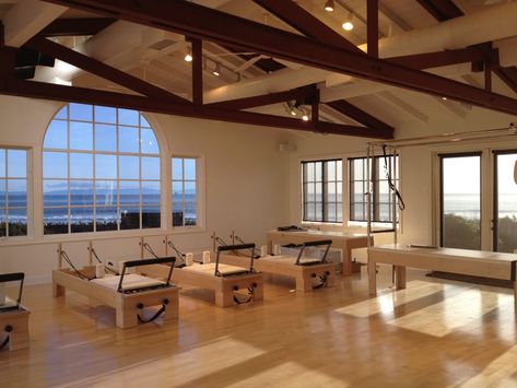 The Studio at Padaro Beach - Pilates Anytime in Carpinteria, California Pilates Decor, Home Gym Yoga Room, Reformer Studio, Beach Pilates, Pilates Yoga Studio, Home Pilates Studio, Carpinteria California, Pilates Anytime, Pilates Studios