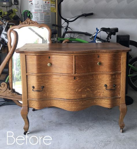 Antique Serpentine Dresser Makeover Refurbish Antique Dresser, Modern Bedroom With Antique Furniture, Refinished Antique Dresser With Mirror, Vintage Dressers Antique, Curved Front Dresser Makeover, Antique Bedroom Set Makeover, Antique Serpentine Dresser Makeover, Antique Commode Makeover, Vintage Dresser Makeover Antique