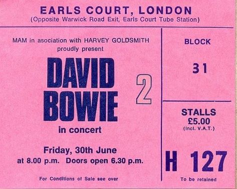 David Bowie Concert, Bowie Concert, Queen David Bowie, Gig Tickets, Jonathan Byers, Earls Court, Concert Ticket, Iggy Pop, All The Young Dudes