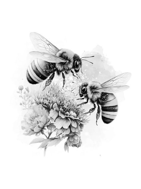 Bees On Flowers Tattoo, Floral And Insect Tattoo, Two Bees Tattoo, Black And White Bee Tattoo, Flying Bee Tattoo, Bee With Flowers Tattoo, Bumble Bee Tattoo Design, Honey Bee Tattoo Ideas, Bumble Bee Drawing