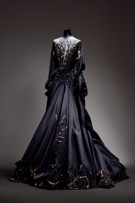 ACOTAR Night Court inspired gown Villain Ball Gown, Acotar Night Court Dress, Acomaf Night Court Clothes, Ball Gowns Dark, Night Court Dress Aesthetic, Night Court Outfit Acotar, Moon Gown, Winter Court Fashion Acotar, Feyre In Night Court Clothes