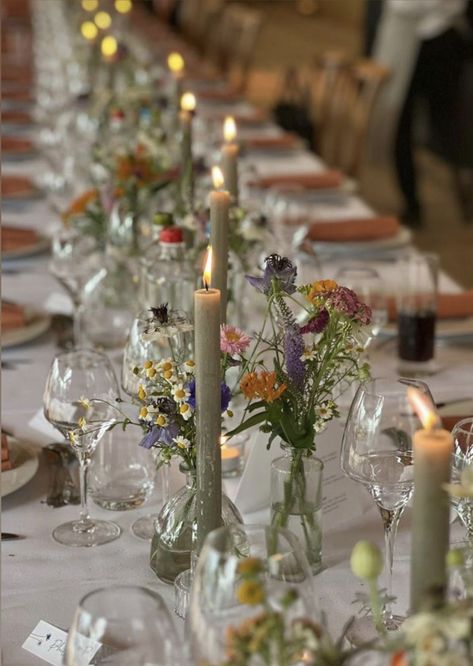 Bridal Shower Long Table Set Up, Simple Garden Wedding Centerpieces, Bud Vases At Wedding, Tea Bar For Wedding, Dainty Wedding Theme, Wild Flowers And Candles Wedding, Flowers And Candles Table Decoration, Long Candles Wedding, Wedding Centerpiece Alternatives