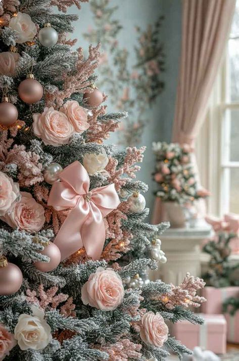 Rose Gold Christmas Decorations to Bring in Lavishness and Elegance in a Marie Antoinette Inspired Celebration - The Mood Guide Pink Roses Christmas Tree, Pink And Rose Gold Christmas Tree, Christmas Tree With Roses, Pink Gold Christmas Tree, Christmas Playroom, Rose Christmas Tree, Christmas Tree Roses, Pink Christmas Tree Decorations, Rose Gold Christmas Tree