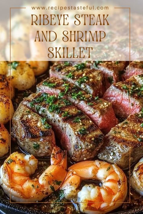 Savor the rich flavors of a Ribeye Steak paired with succulent shrimp in a garlic butter sauce. This skillet meal is perfect for a special dinner or a delightful surf-and-turf treat. Steak And Shrimp Skillet, Dinner Reciepes, Surf N Turf Recipes, Cooking Ribeye Steak, Skillet Shrimp, Steak And Shrimp, Surf And Turf, Skillet Dinners, Garlic Butter Sauce