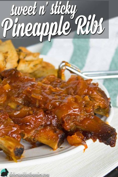 Sweet and Sticky Pineapple Ribs from dishesanddustbunnies.com Pineapple Ribs Recipe, Pineapple Ribs, Sticky Ribs Recipe, Pork Short Ribs, Sticky Ribs, Slow Cooked Ribs, Barbecue Pork Ribs, Smoked Pork Ribs, Rib Sauce