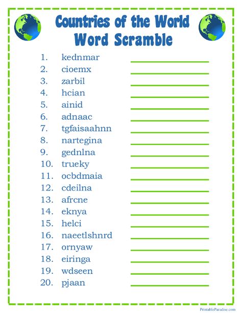 Printable Countries of the World Word Scramble Game Anagram Words, Word Puzzles For Kids, World Quiz, Jumbled Words, Unscramble Words, Scramble Words, Scramble Game, Game To Play, Social Studies Worksheets