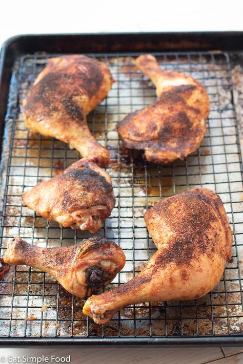 This easy bone in, skin on chicken leg ( thighs and drumsticks) is crispy and juicy.  It's dry rubbed with a homemade spice mix and oven baked or roasted at 425 for ~45 minutes. #glutenfree #dairyfree #whole30 #paleo #keto Chicken Leg Thigh Attached Recipes, Chicken Thigh And Drumstick Recipes Ovens, Baked Chicken Thighs And Legs Bone In, Baked Chicken Thighs Bone In Skin On, Chicken Legs And Thighs, Chicken Legs In Oven, Chicken Thighs And Drumsticks, Roasted Chicken Leg Quarters, Baked Bone In Chicken