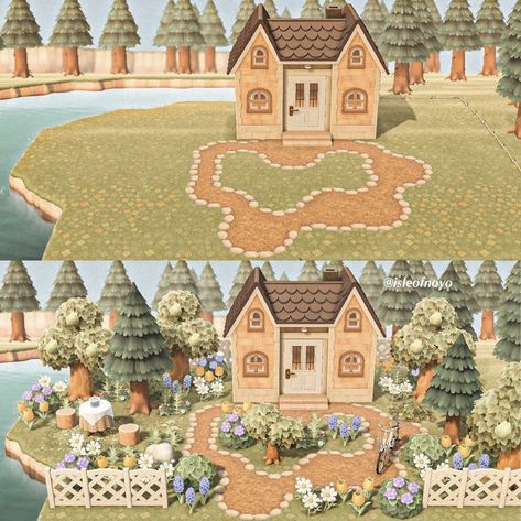 Made by unknown Happy Island Designer Ideas, Animal Crossing School Names, Cottagecore Paths Acnh, Maison Animal Crossing New Horizon, Acnh Designs Paths, Acnh Island Names, Island Home Exterior, Acnh Neighborhood Designs, Acnh Island Design Ideas