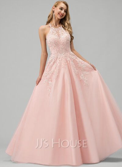 [£188.00] Ball-Gown/Princess Scoop Neck Floor-Length Tulle Wedding Dress With Lace Beading Sequins Pretty Prom Dresses For Teens Pink, Scoop Neck Prom Dress, Tulle Straps, Sequin Ball Gown, Tulle Prom Dresses, Winter Ball, Gown Pink, Lace Beading, Gown Princess