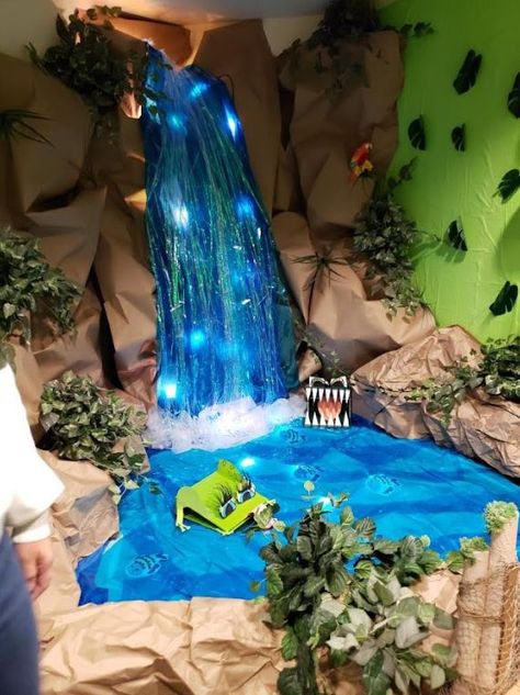 Paper Waterfall, Waterfall Decoration, Jungle Waterfall, Camp Vbs, Weird Animals Vbs, Diy Waterfall, Vbs Decorations, Curtains White, Penguin Party