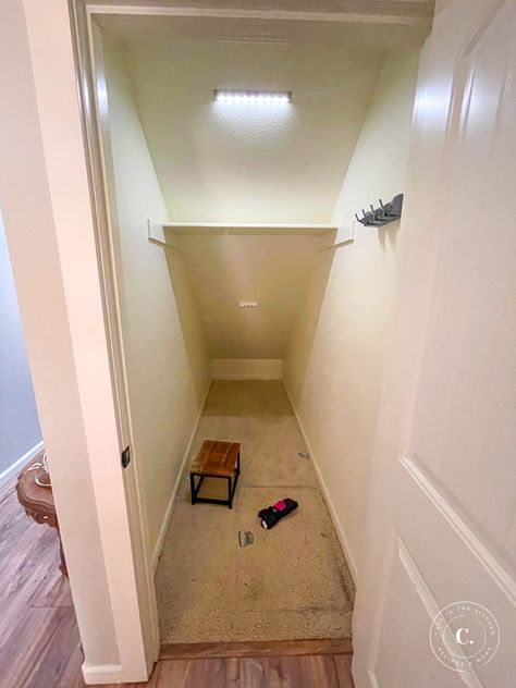 Closet Designs Under Stairs, Under Staircase Pantry Shelving Ideas, Under Closet Storage, Under Staircase Closet Storage Ideas, Diy Pantry In Closet, Small Pantry Design Under Stairs, Turn Under Stairs Closet Into Pantry, Shelves For Under Stairs Closet, Pantry Shelves Under Stairs