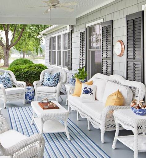 White Outdoor Wicker Seating with Coastal Flair | Shop the Look - Coastal Decor Ideas Interior Design DIY Shopping White Wicker Patio Furniture, Veranda Furniture, Wicker Porch Furniture, Cottage Style Living Room, Resin Wicker Furniture, White Wicker Furniture, Outdoor Wicker Chairs, Patio Fireplace, Outdoor Wicker Furniture