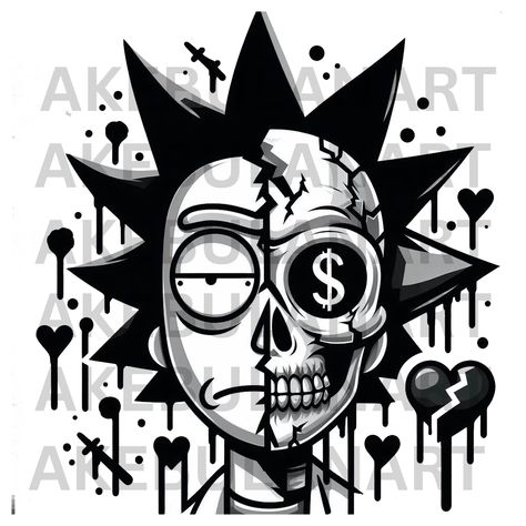 Cartoon Gangster Art, Evil Cartoon Characters, Heart Character, Evil Skull Tattoo, Character Tattoos, Evil Skull, Rick And Morty Characters, Dollar Signs, Cartoon Character Tattoos