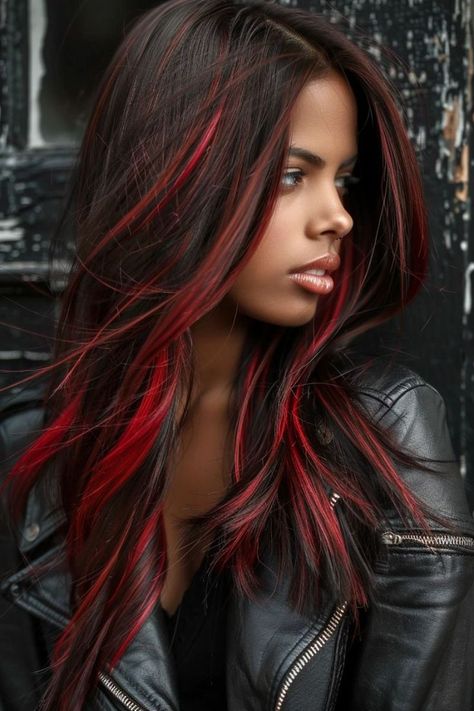 Color Streaks In Brown Hair, Hair With Colored Highlights, Red Hair With Brown, Black Hair With Colored Highlights, Red Streaks In Brown Hair, Hair With Red Streaks, Red Hair Streaks, Hair Color Ideas Dark, Brown Hair With Red