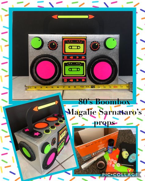 Cardboard boombox Start The Party Vbs, Boombox Decoration, Diy Cardboard Boombox Prop, Boombox Theme Party, Diy Boom Box Cardboard, Diy 80s Party Decorations, Cardboard Boombox Diy, Diy Boombox Prop 80s Party, Bollywood Party Decorations