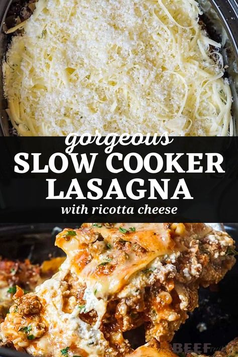 Beefy, cheesy, and so delicious! Our Slow Cooker Lasagna Recipe with ricotta cheese will become your family's new favorite. It's so easy, juicy, and a great choice for entertaining a crowd. Make it ahead of time for a perfect meal planning recipe! Best Crockpot Lasagna With Ricotta, Lasagna Recipe With Ricotta Crock Pot, 5 Cheese Lasagna Recipes, Crockpot Lasagna With Ricotta, Lasagna For A Crowd, Recipe With Ricotta Cheese, Easy Crockpot Lasagna Recipe, Lasagna With Ricotta Cheese, Recipe With Ricotta