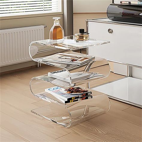 Wrought Studio Guthrey Modern Light Luxury Acrylic Coffee Table, Corrugated with Storage (Transparent Color) | Wayfair Acrylic Side Table, Acrylic Coffee Table, Small Bookshelf, Bedroom Bedside Table, Living Room Side Table, Living Room End Tables, Small Coffee Table, Apartment Decor Inspiration, End Tables With Storage