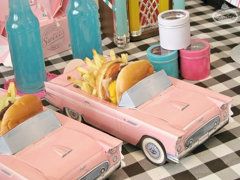 Maryellen’s Fabulous 50’s Diner Play Date - pink 50'd Chevy food boxes from Via Blossom. American Girl Party, Mini Cafeteria, American Girl Maryellen, Maryellen Larkin, Diner Aesthetic, 50s Aesthetic, 1950s Diner, 50's Diner, American Girl Parties