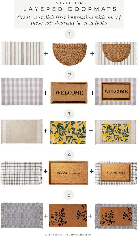 Layered doormat looks. Spring doormats. spring welcome mats. how to layer coir doormats. design style tips. half moon coir doormat. woven accent outdoor rug. buffalo plaid check rug. neutral rug. front entry. spring front door. spring front porch. curb appeal. welcome door mat. modern doormat. blue woven front door rug. beige outdoor door mat. lemon print. floral coir doormat. woven coir doormat #home #styletips #homedecortips #interiordesign #frontdoor #coir #doormat Porch Curb Appeal, Layered Doormat, Outdoor Rug Porch, Front Porch Curb Appeal, Apartment Front Doors, Front Porch Mat, Spring Doormats, Check Rug, Modern Doormats