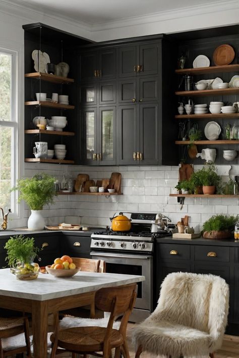 What’s your favorite way to use black and white in a kitchen? - West Pear Interiors Black Cottage Kitchen, Black And Natural Wood Kitchen, Black And White Kitchen Design, White Classic Kitchen, White Kitchen Wall Tiles, White Kitchen Design Ideas, Bungalow Designs, Natural Wood Kitchen, Small Bungalow