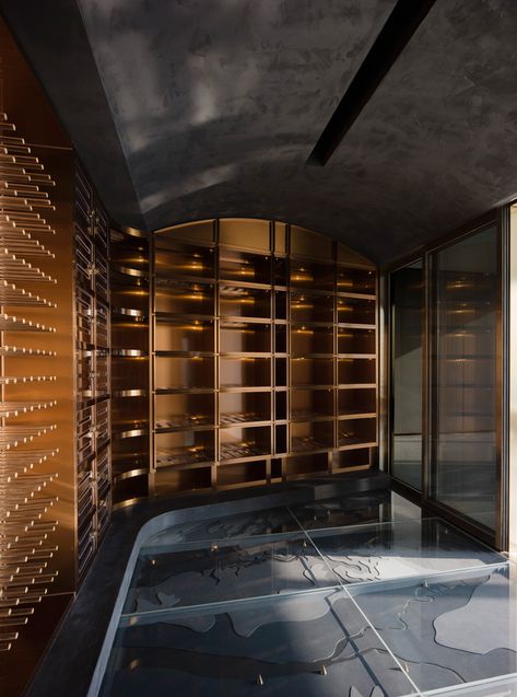 Hidden Wine Cellar, Wine Cellar Lighting, Members Club, Italy Wine, Office Tower, Wine Shelves, Japanese Architect, Private Club, Glass Floor