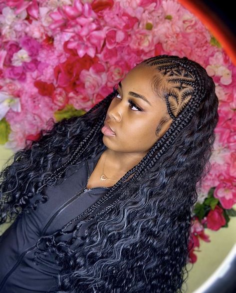 Trendy Black Women Hairstyles, Cute Birthday Hairstyles Black Women Braids, Braids With Weave In The Back Curly, Fulani Mermaid Braids, Feed In Braids With Sew In In The Back, Simple Weave Hairstyles Braids, Funali Braids With Weave, Braids With Leave Out Curls, Braids With Crochet In Back