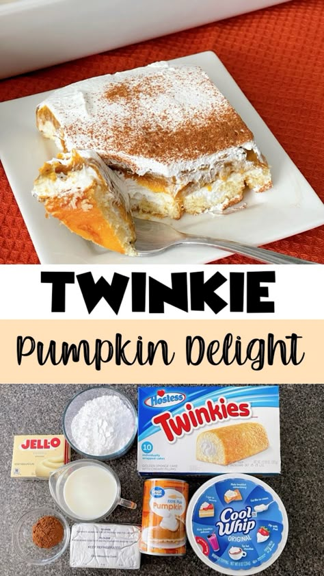 Get ready for a fall treat that’s sure to impress! This Twinkie Pumpkin Delight is a fun and festive dessert made with layers of soft Twinkies, creamy cheesecake, spiced pumpkin pie filling, and a fluffy whipped topping. It’s easy to make and perfect for any gathering, bringing a delightful twist to your autumn celebrations. Every bite is a heavenly mix of flavors that will have everyone coming back for more. Save this recipe and add a touch of sweetness to your fall festivities! Pumpkin Twinkie Dessert, Hostess Recipes, Cheesecake Pumpkin Pie, Twinkie Desserts, Weird Thanksgiving, Spiced Pumpkin Pie, Pumpkin Trifle, Twinkie Cake, Cheesecake Pumpkin