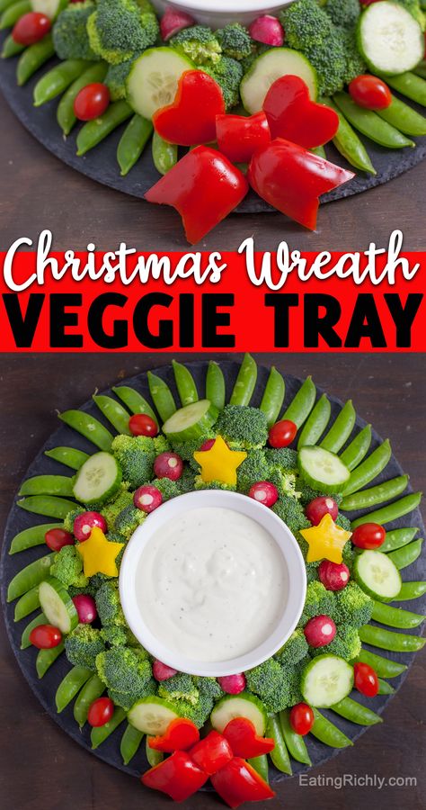 Create a showstopping holiday appetizer with vegetables. It's so easy to make a Christmas wreath veggie tray! Serve with your favorite dip. We like vegan ranch. #veggies #vegetables #veggietray #christmasfood #christmasmenu #christmaspotluck #christmasappetizer #holidayappetizer #appetizers #appetizerrecipes #cutefood #foodart Veggie Wreath, Easy Veggie Dip, Eggnog Rezept, Xmas Foods, Caroling Party, Christmas Veggie Tray, Veggie Christmas, Christmas Vegetables, Christmas Potluck